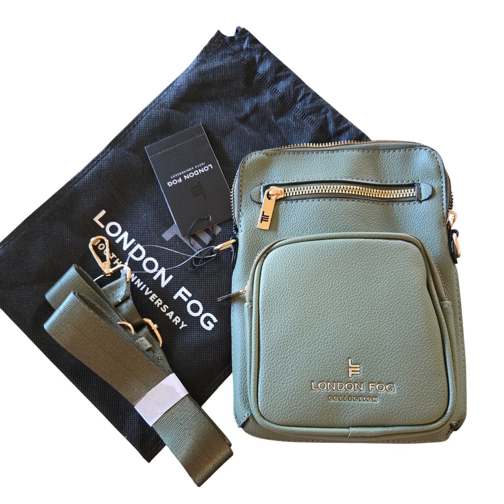 London Fog Classic Chic Rella Multi Pocket Phone Crossbody Bag Olive Green NEW